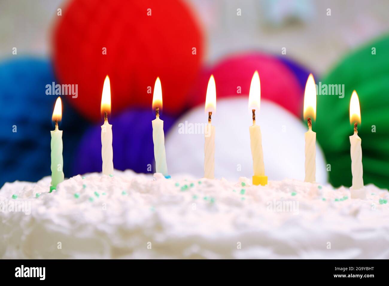 Birthday cake with candles on colorful background Stock Photo - Alamy