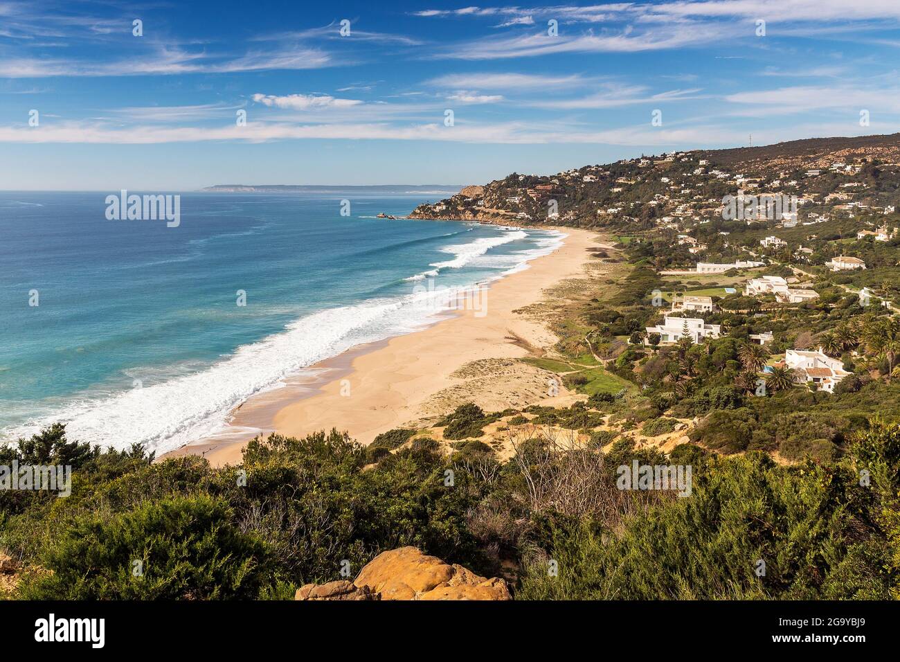 Aerial view of Los Alemanes beach from Zahara de Los Atunes, Cadiz, Andalusia, Spain Stock Photo