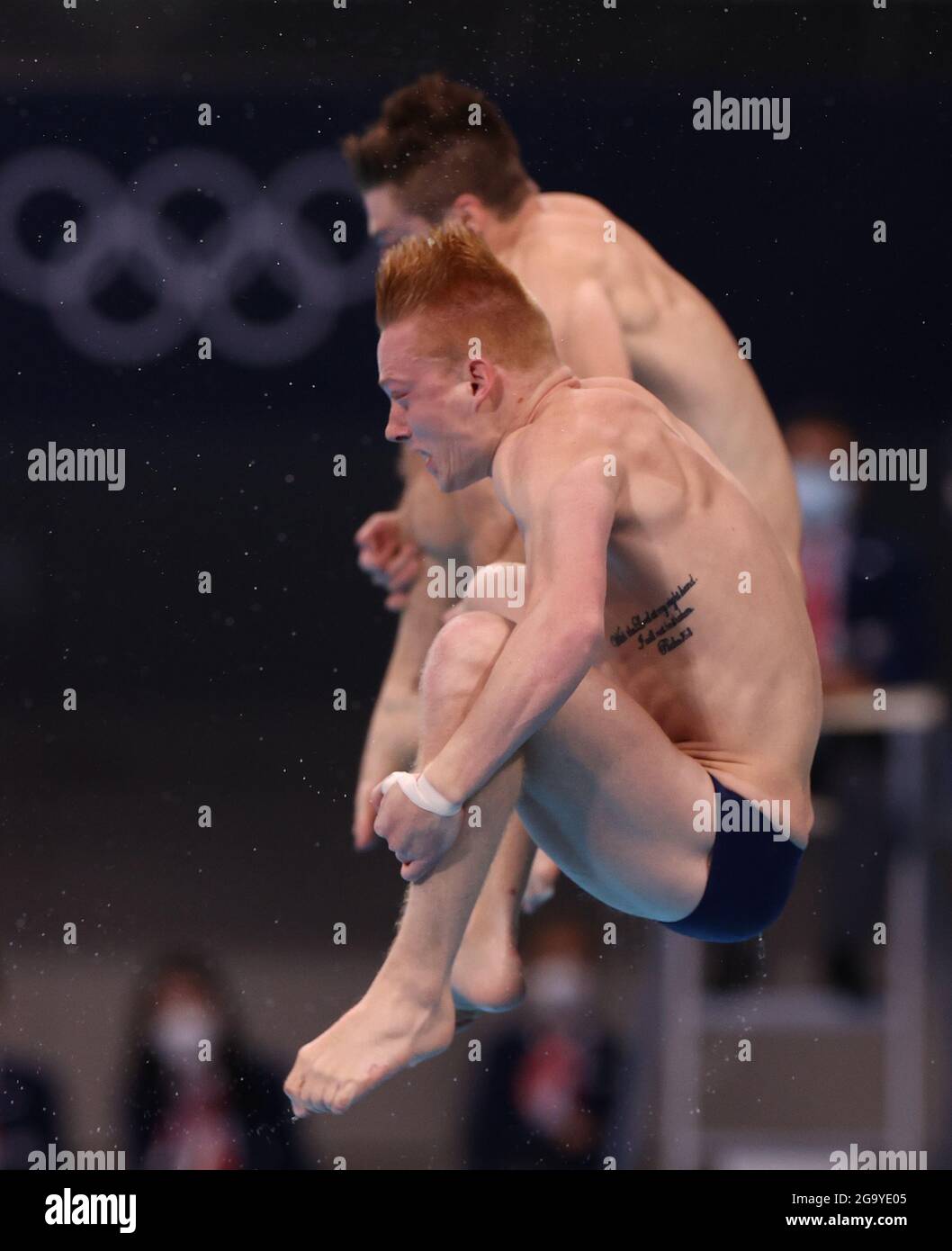 Tokyo, Japan. 28th July, 2021. Andrew Capobianco and Michael Hixon of the United States compete during diving men's synchronised 3m springboard final at the Tokyo 2020 Olympic Games in Tokyo, Japan, July 28, 2021. Credit: Ding Xu/Xinhua/Alamy Live News Stock Photo