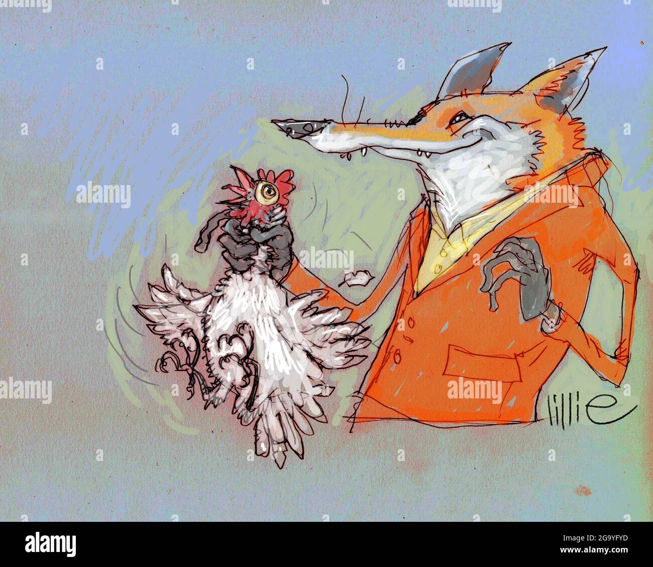 Art illustration of Roald Dahl's children's book, Fantastic Mr Fox, showing a fox in Hunting Pink, holding a chicken Possible book cover, interior art Stock Photo