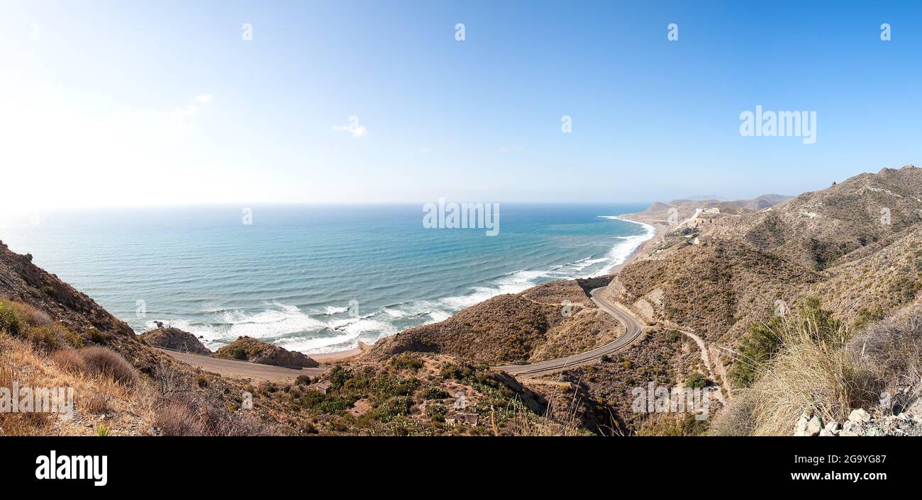 Pano Algarrobico Beach - Hotel el Algarrobico, illegal construction on the coast of Carboneras, Almeria, Andalucia, Spain - Stock Photo