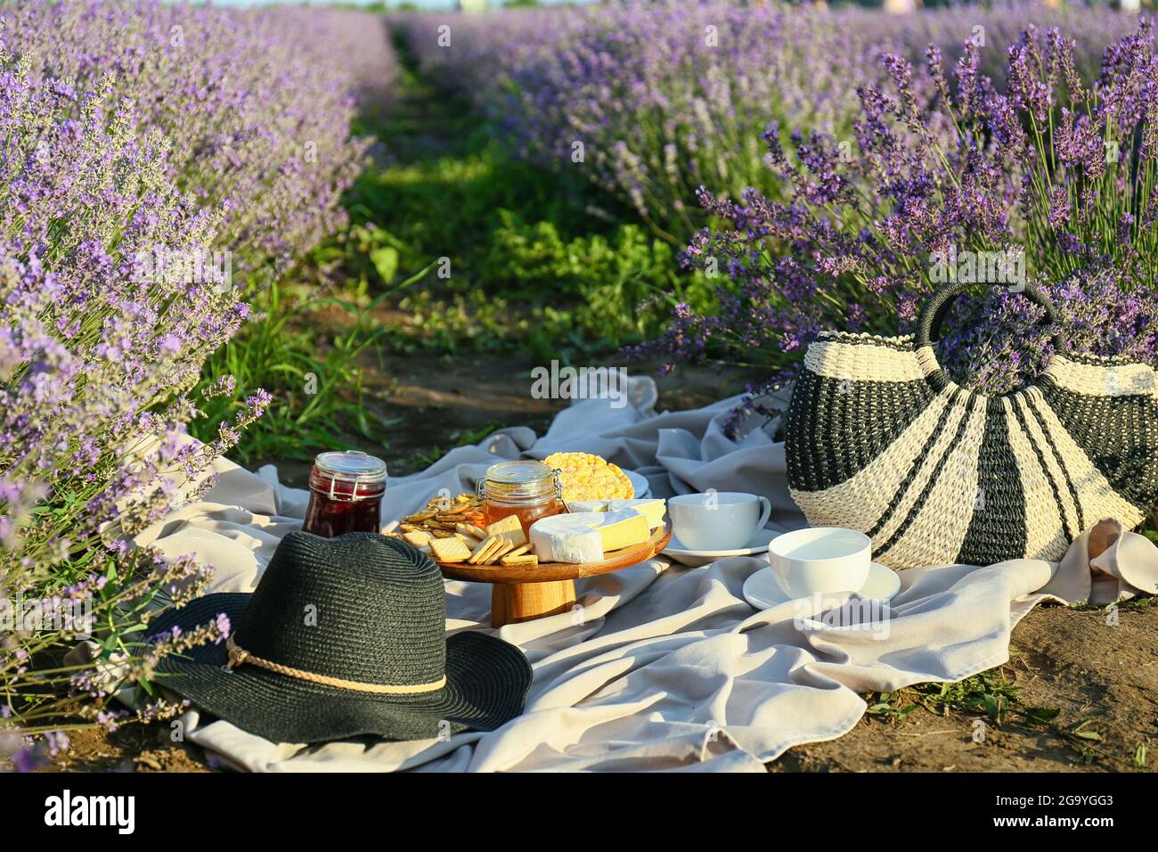 Tasty food for romantic picnic in lavender field Stock Photo Alamy