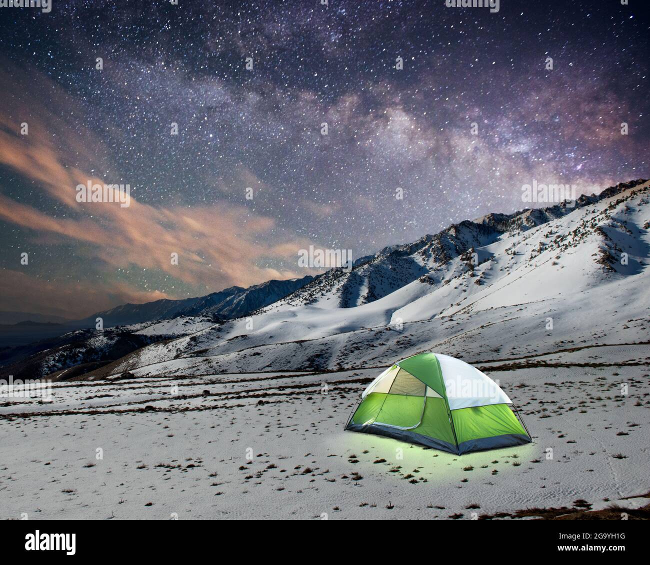 Illuminated tent on Mount Whitney at night, Eastern Sierras, California, USA Stock Photo
