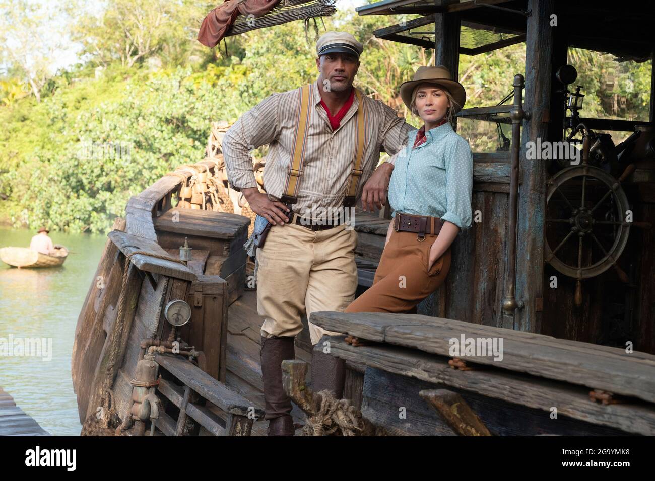Jungle Cruise (2020) directed by Jaume Collet-Serra and starring Dwayne Johnson as Frank and Emily Blunt as Lily Houghton on an adventure based on Disneyland's theme park ride about passengers on a perilous journey on a riverboat. Stock Photo
