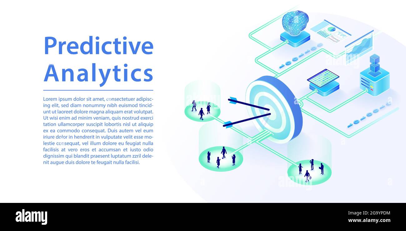 Concept of predictive analytics powered by data analysis and artificial intelligence. 3d isometric vector illustration representing goal setting for I Stock Vector