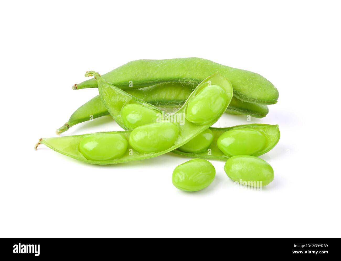 Green soybeans, edamame beans on white background Stock Photo Alamy