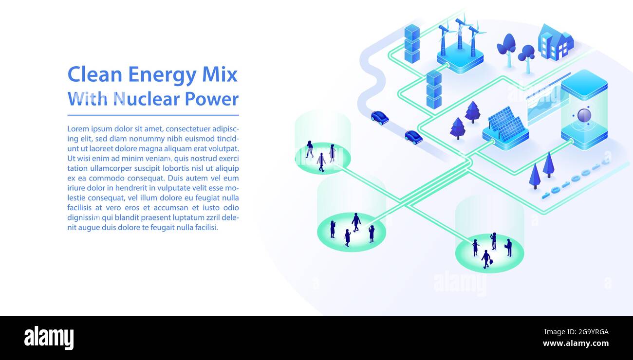 Concept of clean energy mix with renewable energy sources such as wind, nuclear power, solar energy. 3d isometric vector illustration as a web banner Stock Vector