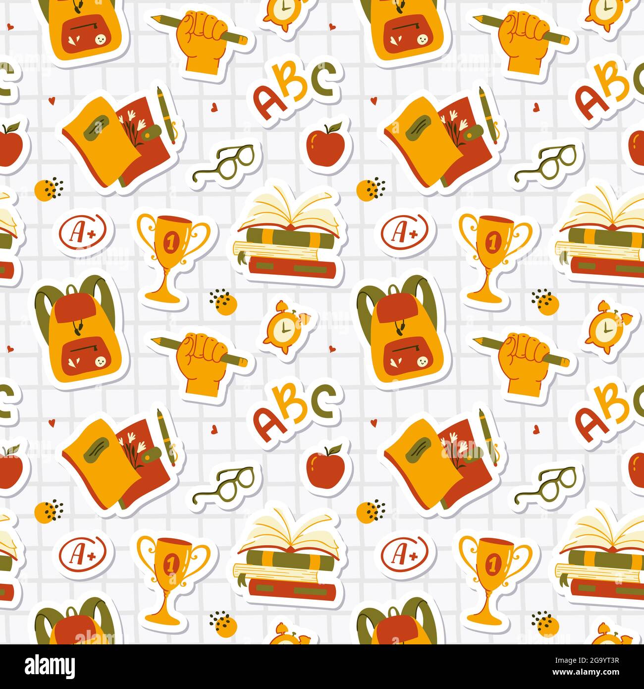 Back to School. Seamless pattern with school-themed stickers - books, backpacks, notebooks, apples, glasses, etc. Stylish vector background. Stock Vector