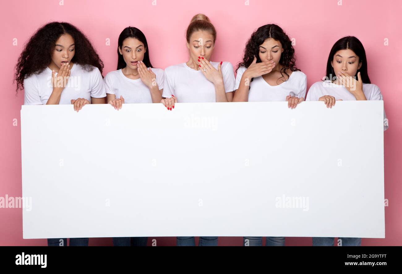 Excited Diverse Ladies Showing Big Blank Poster On Pink Backgroun Stock Photo