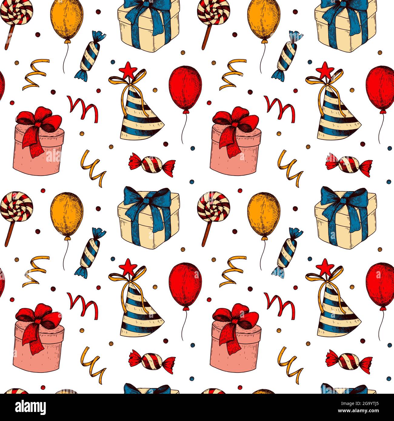 Hand drawn happy Birthday seamless pattern. Vector illustration in colored sketch style Stock Vector