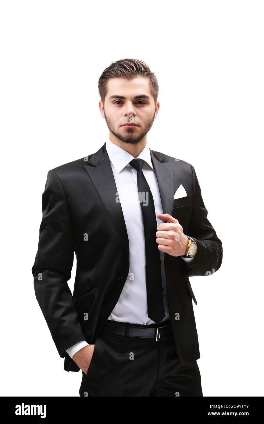 Elegant man in suit isolated on white Stock Photo - Alamy