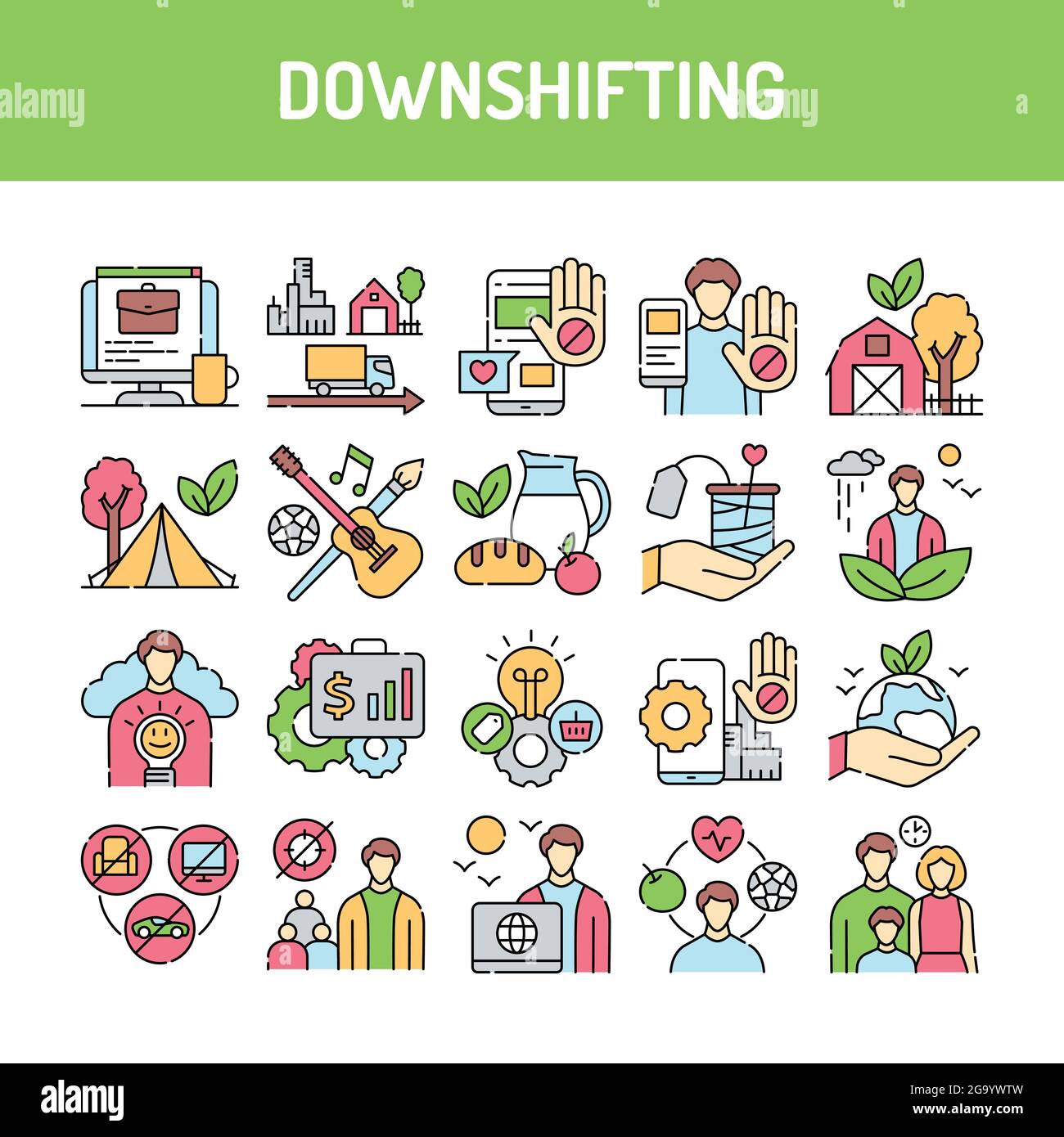 Downshifting line icons set. Isolated vector element. Stock Vector