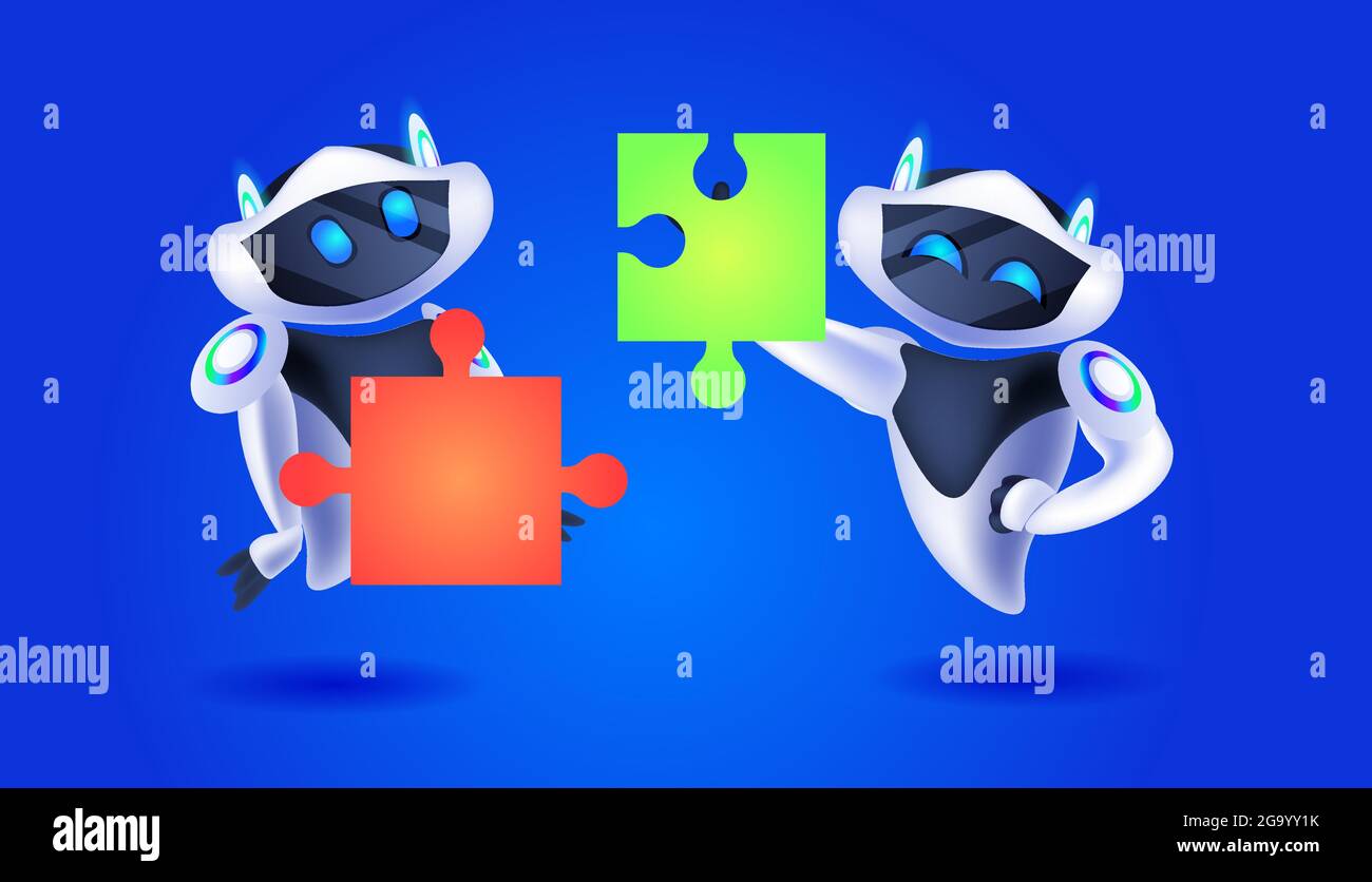cute robots putting puzzle parts together modern robotic characters