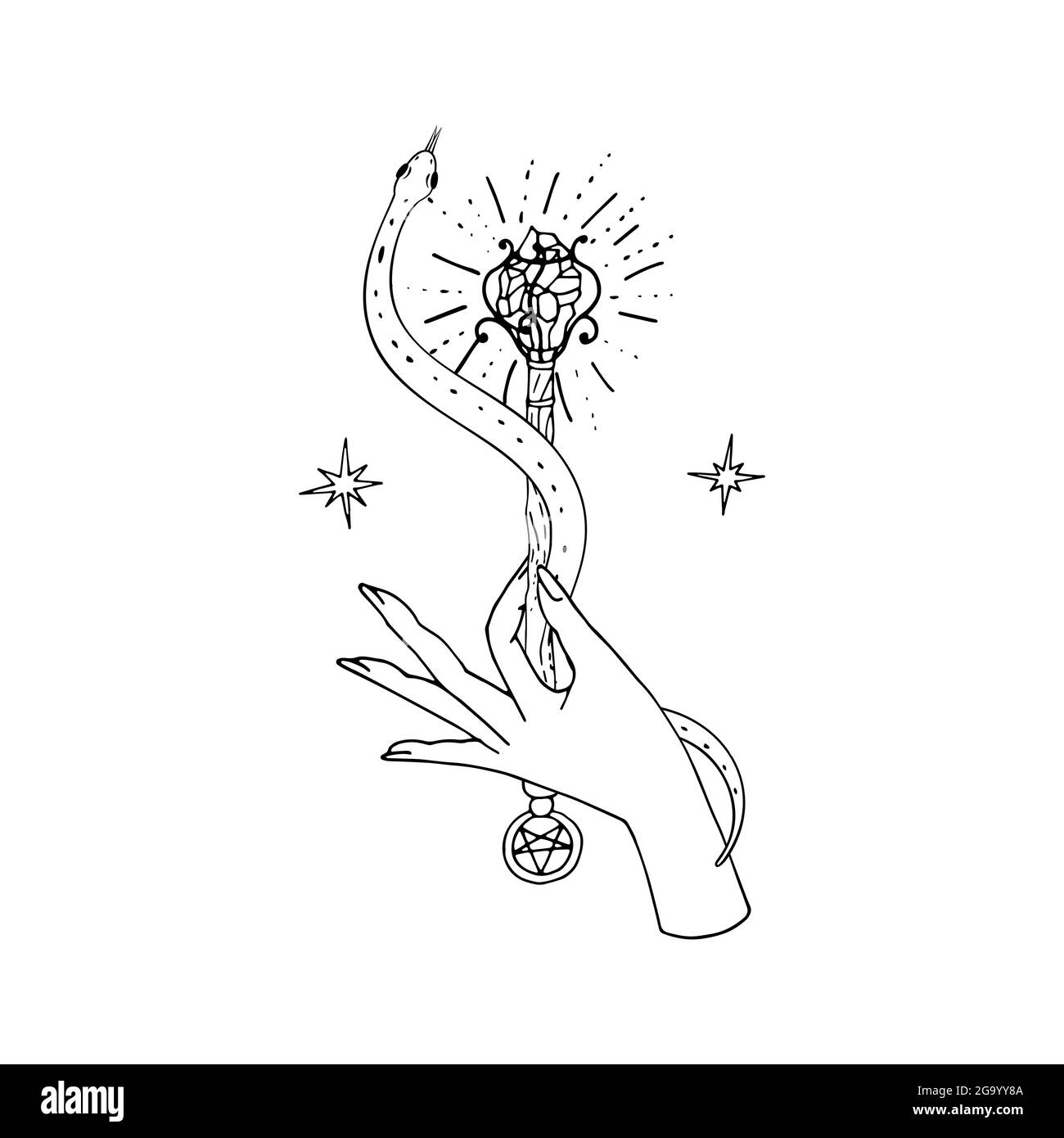 Vintage Mystic snake coiled around the magic wand hold in hand Stock Vector