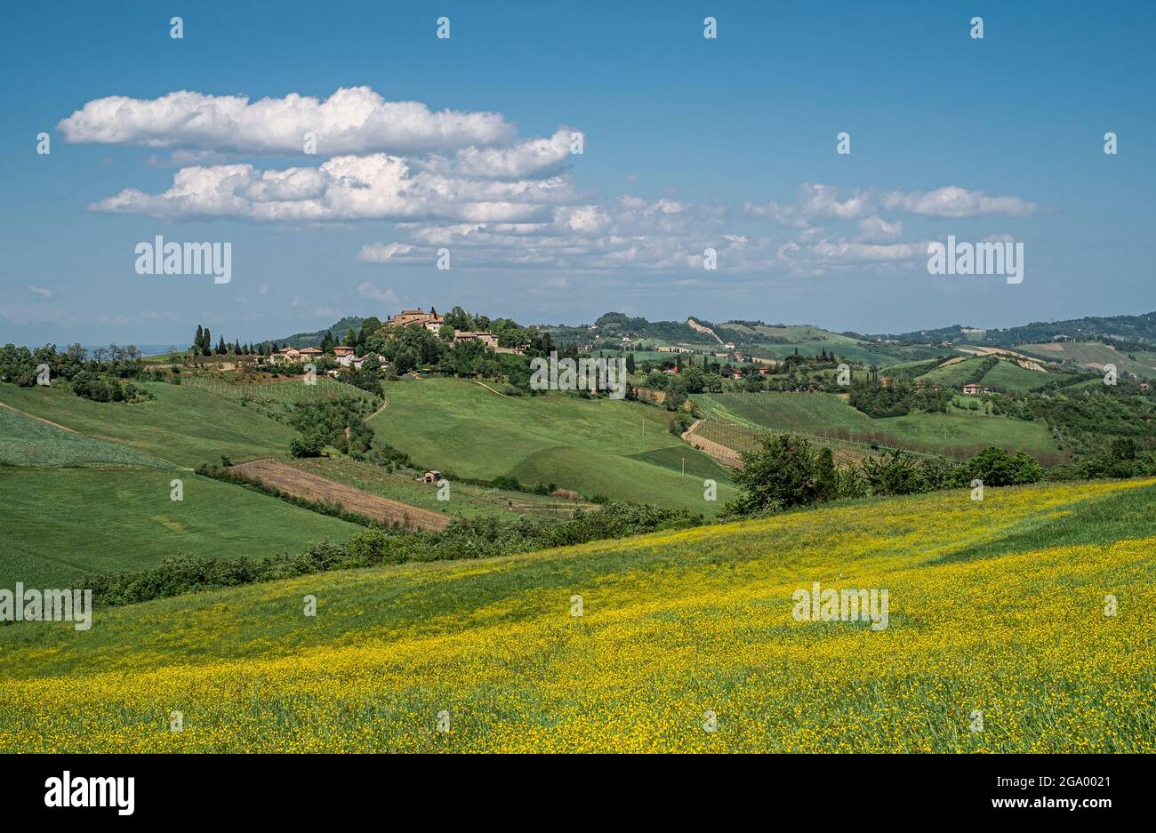 The cultivated hills around Castello di Serravalle - Castle of Serravalle in springtime. Bologna province, Emilia and Romagna, Italy Stock Photo