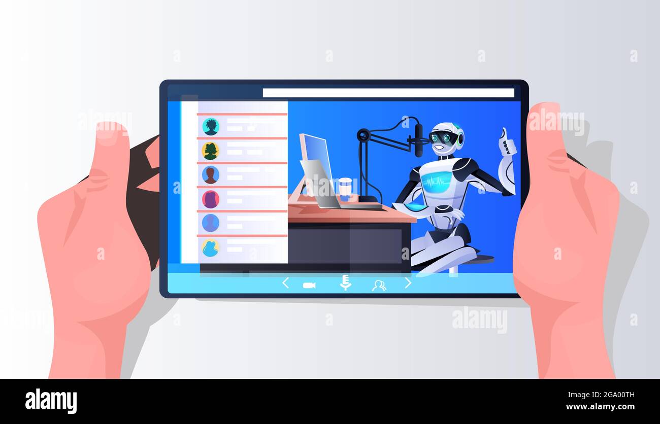 robot podcaster talking to microphone on smartphone screen recording podcast in studio podcasting online radio Stock Vector