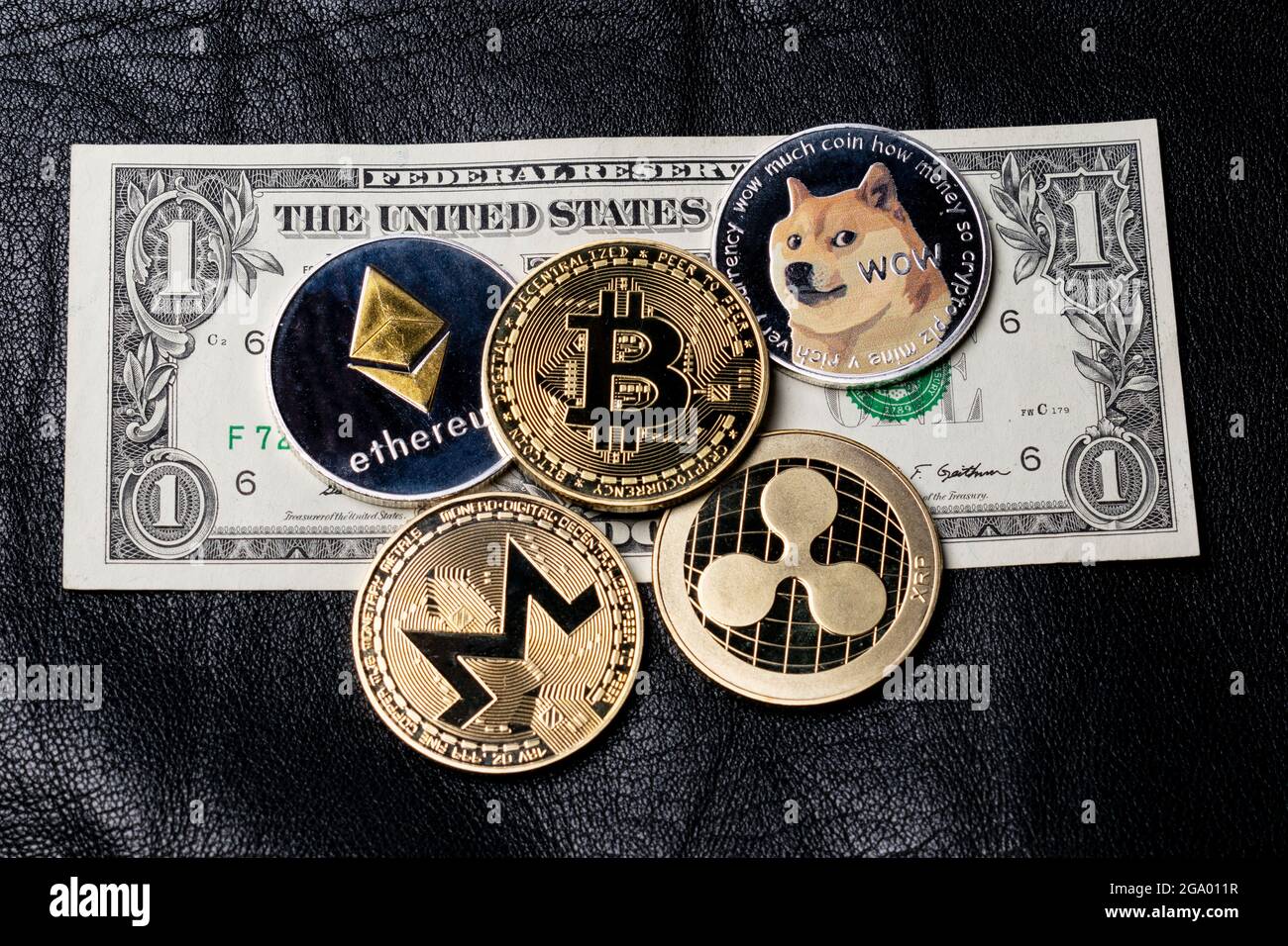 Bitcoin, hundred dollar bills and leather wallet on the orange background  Stock Photo - Alamy