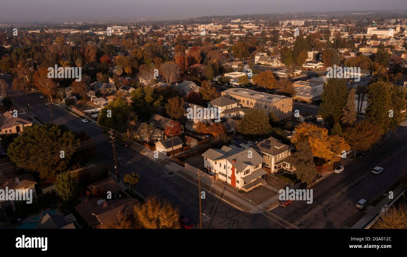 Sunset aerial view of historic downtown Bakersfield, California, USA