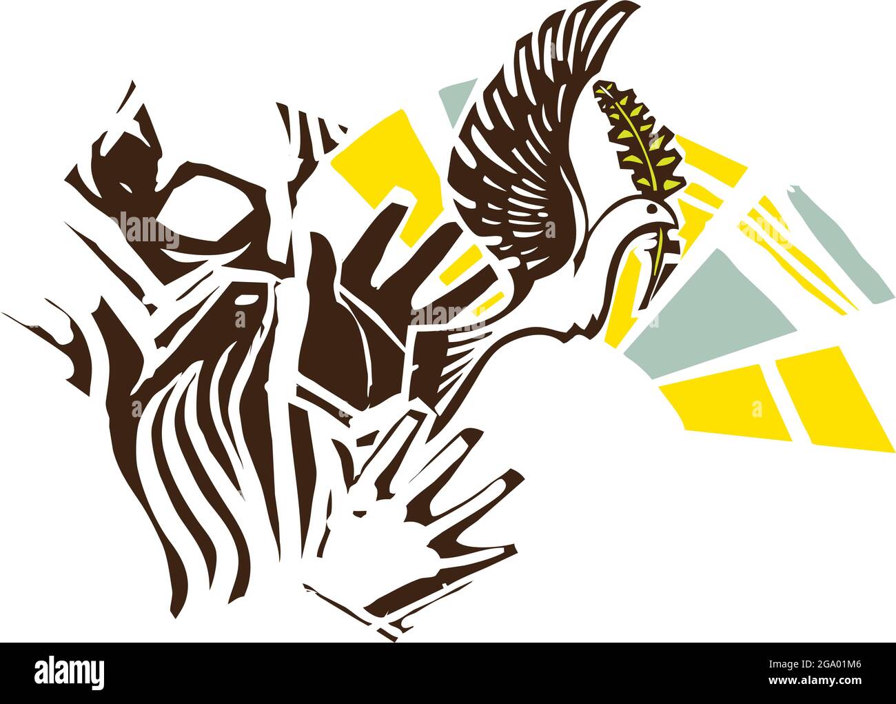 Woodcut expressionist style dove of peace flying from an old man's hands carrying an olive branch Stock Vector