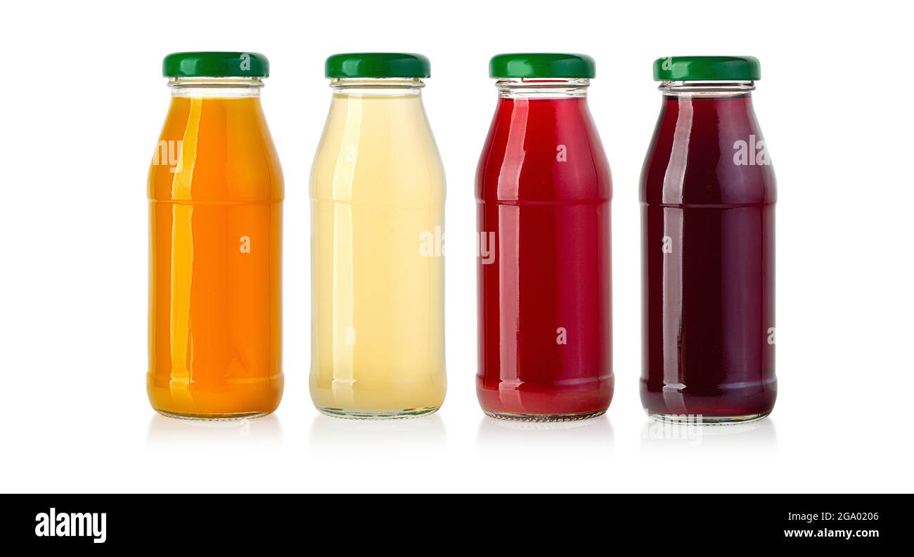 set of juice in glass bottles sisolated on white Stock Photo Alamy