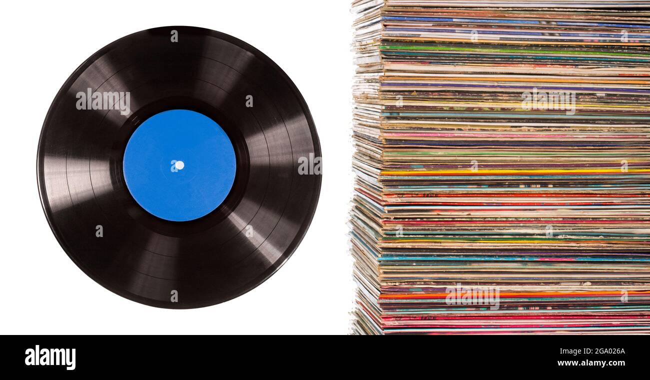 Old retro black plastic vinyl musical lp record and A stack of old vinyl records. isolated over a white background - Alamy