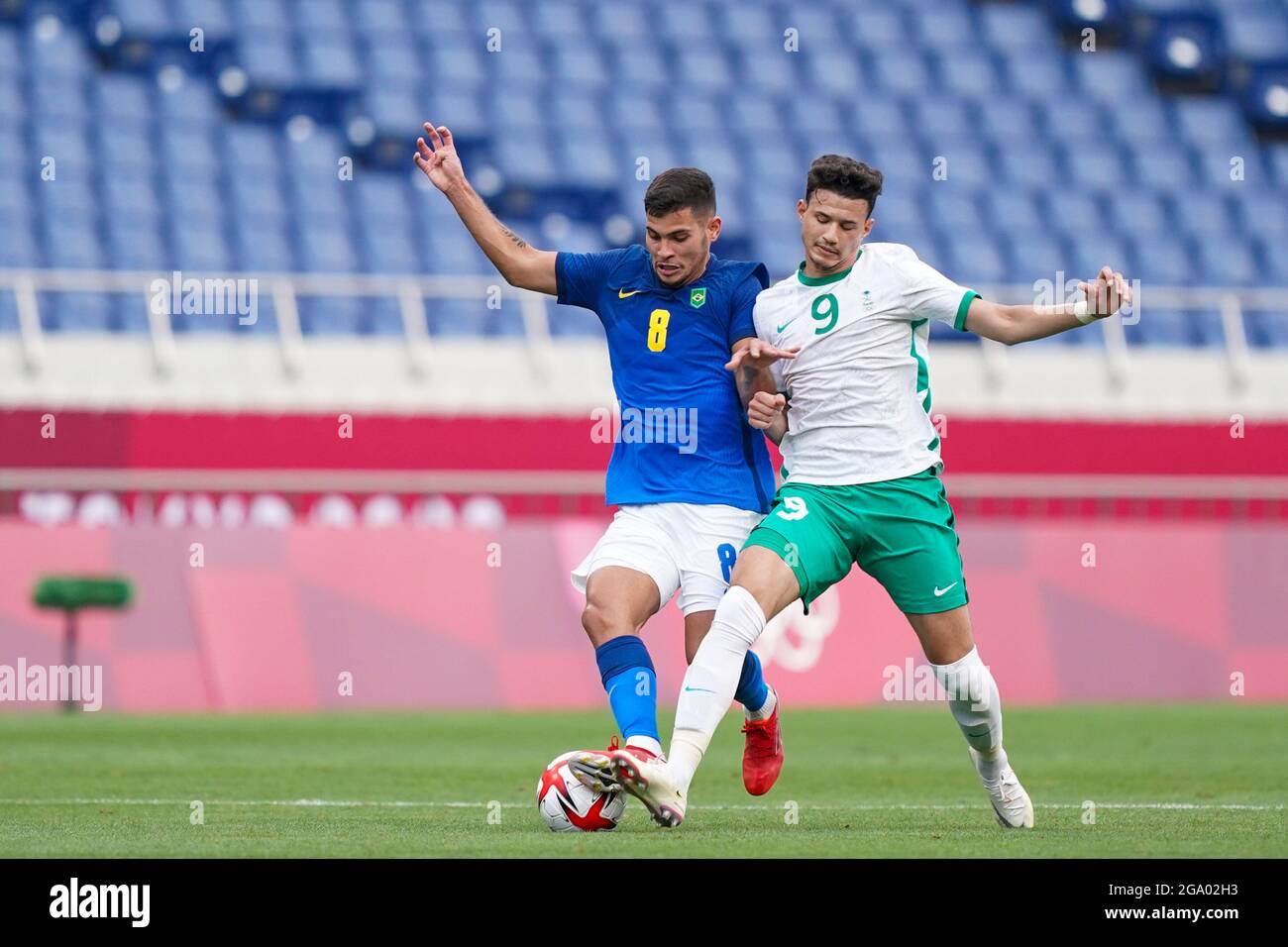 Saitama Japan 28th July 2021 Bruno Guimaraes 8 Brazil And Abdullah Alhambddan 9 Saudi Arabia Battle For The Ball Duel During The Men S Olympic Football Tournament Tokyo 2020 Match Between Saudi Arabia