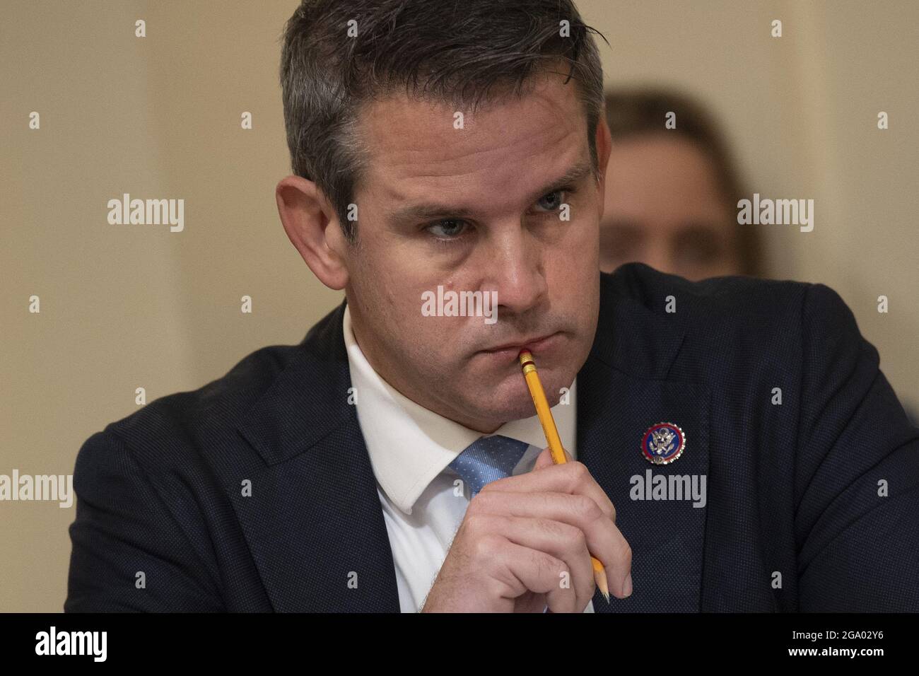 Rep. Adam Kinzinger (R-IL) listens during a hearing of the House select committee investigating the Jan. 6 attack on Capitol Hill July 27, 2021, in Washington, DC. Photo by Brendan Smialowski/Pool/ABACAPRESS.COM Stock Photo