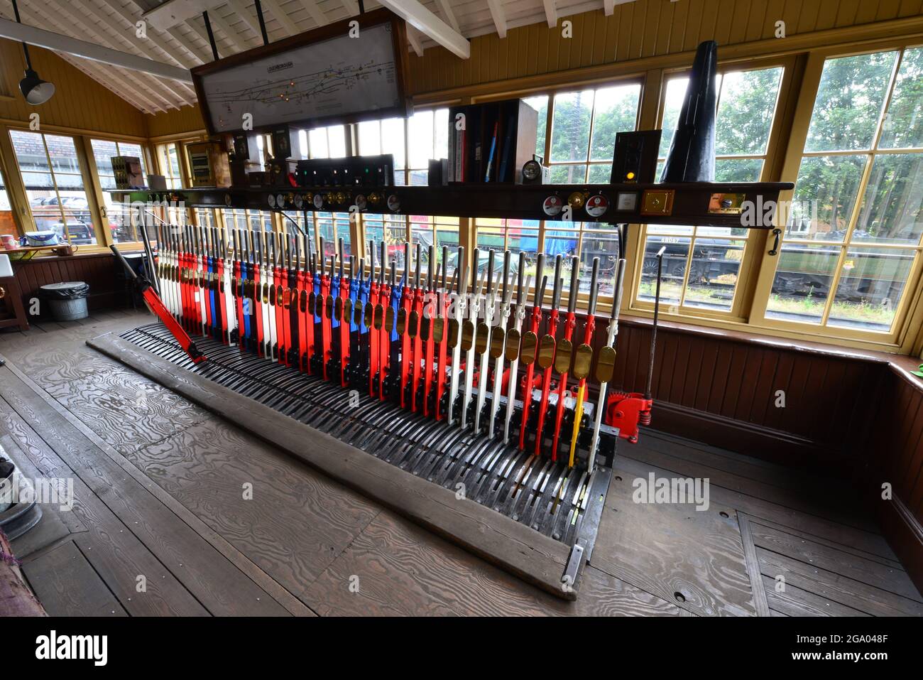 Controls and levers in a signal box. Stock Photo