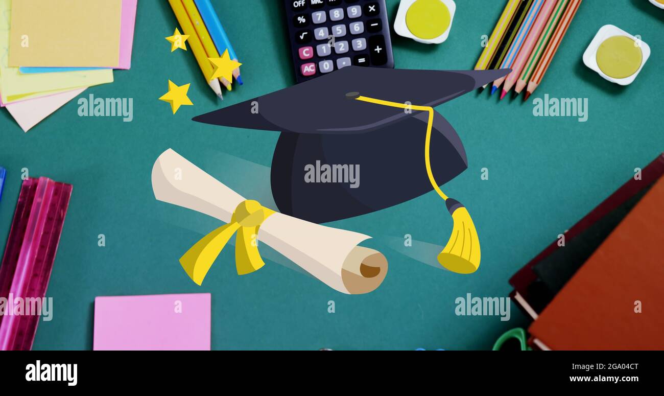 Graduation hat and diploma icon against various school items Stock Photo