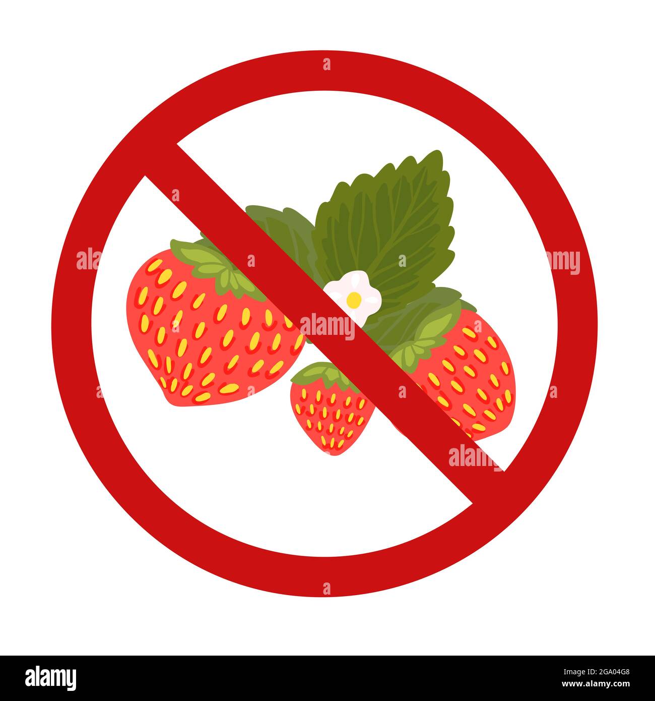 Cartoon flat strawberry with foliage in a prohibition sign. Danger of