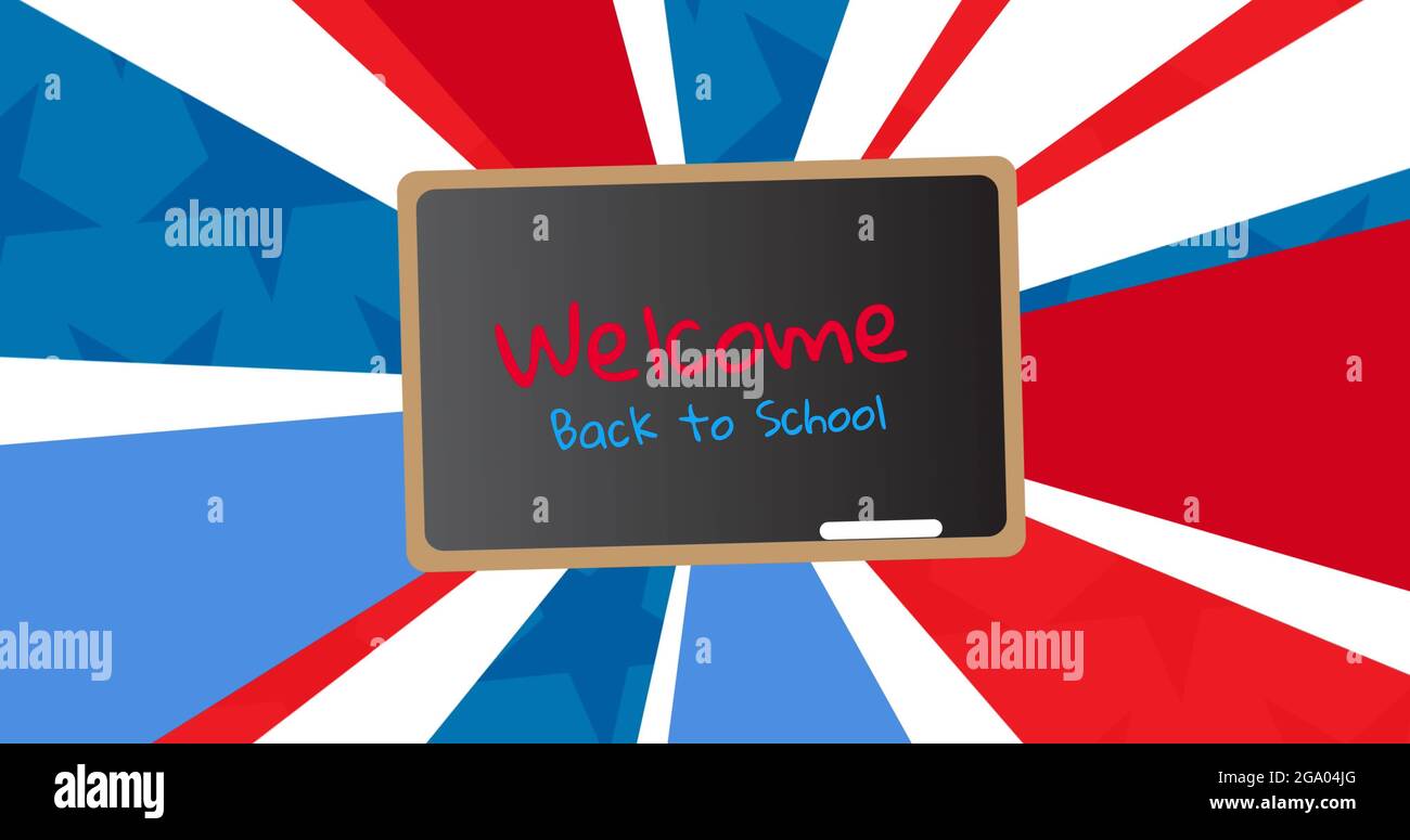 Image of back to school text on blackboard on blue red and white background Stock Photo