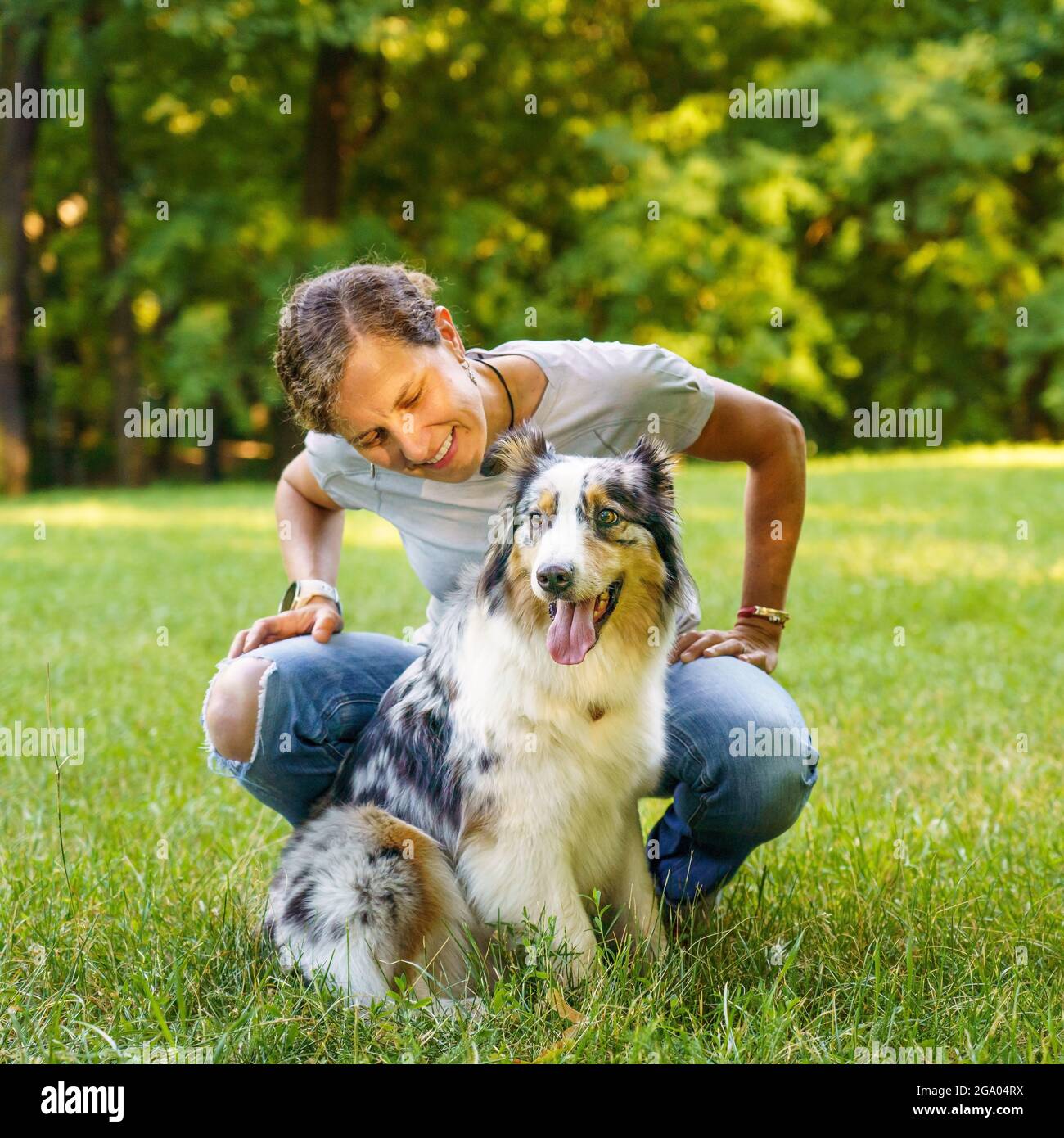 Happy young woman spending time with lovely spotted Australian Shepherd dog in green meadow on summer day Stock Photo