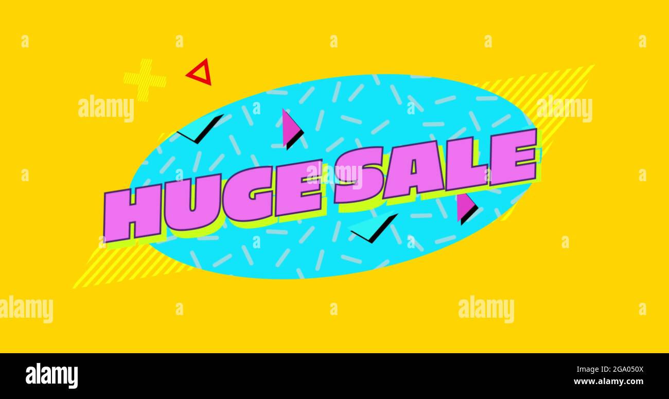 Huge sale graphic in pink on blue oval with yellow background 4k Stock Photo