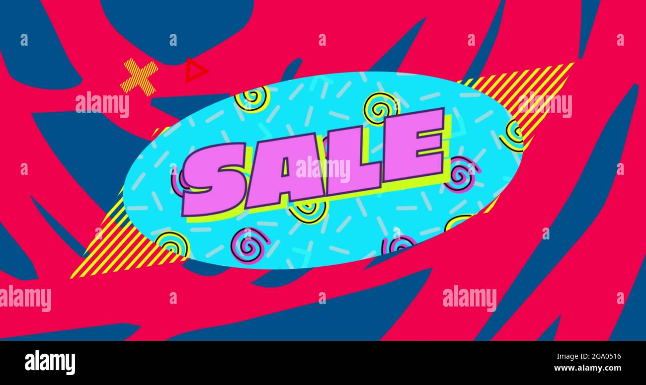 Sale graphic on blue oval with red and blue background 4k Stock Photo