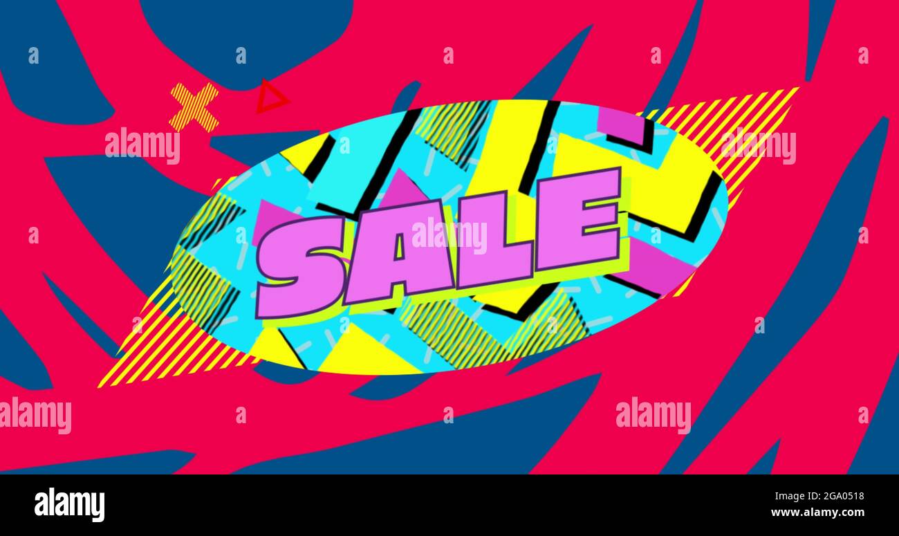 Sale graphic on blue oval with red and blue background 4k Stock Photo
