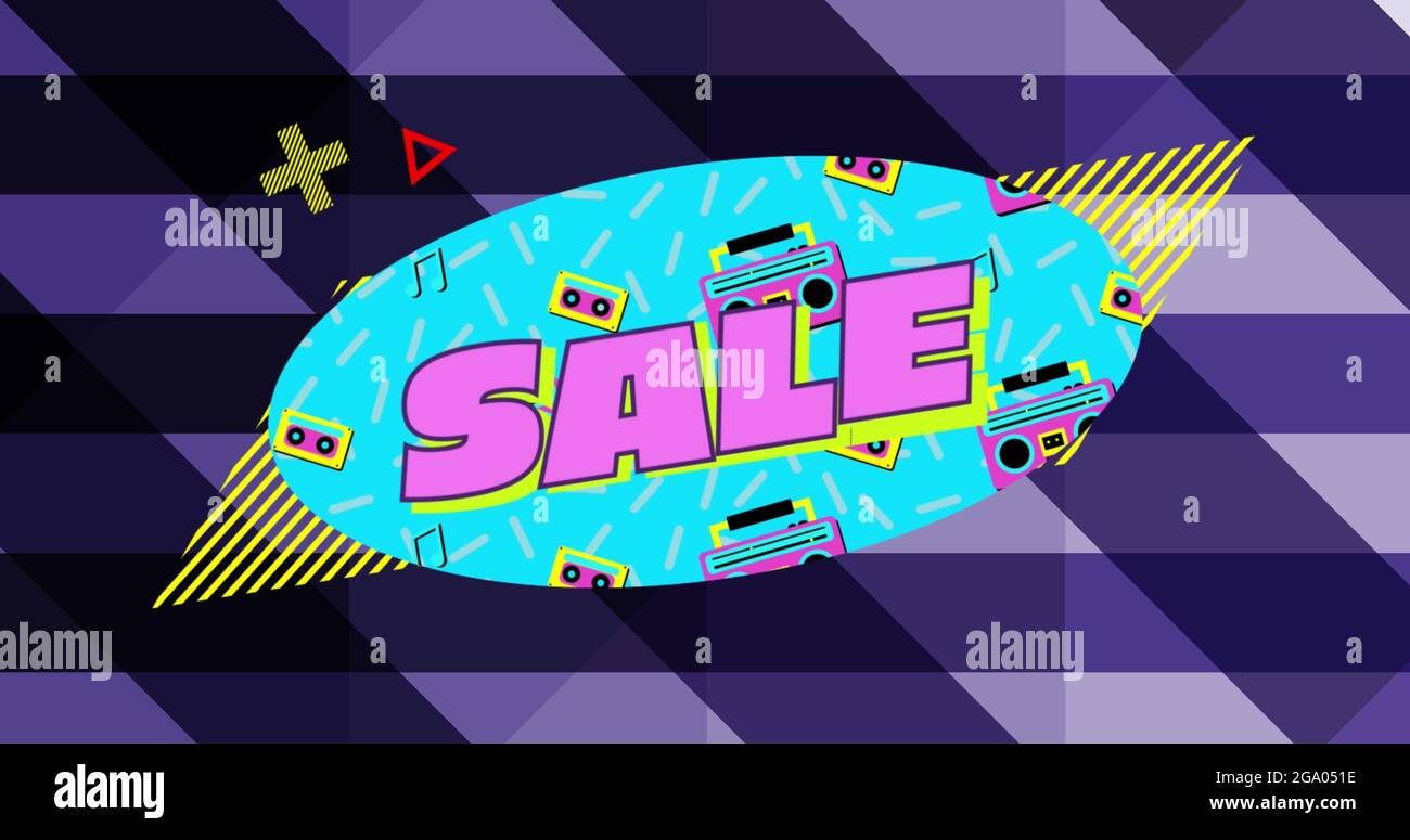 Sale graphic on blue oval with tape players and purple striped background 4k Stock Photo