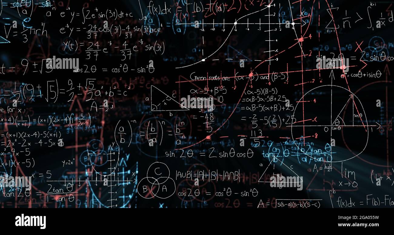 Mathematical equations and diagrams floating against black background Stock Photo