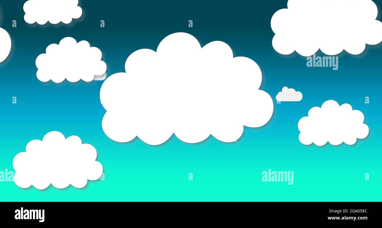 Multiple cloud icons falling against blue background Stock Photo - Alamy