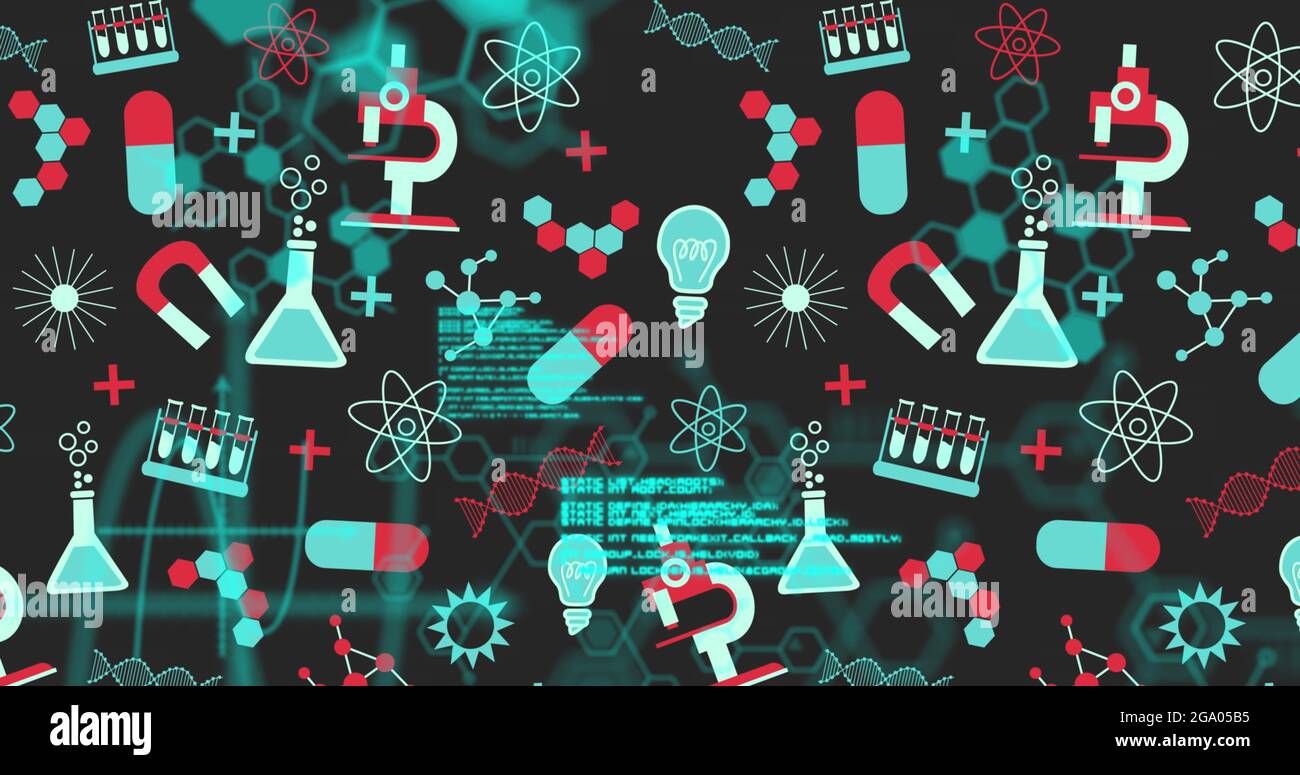 Science concept icons and data processing against black background ...