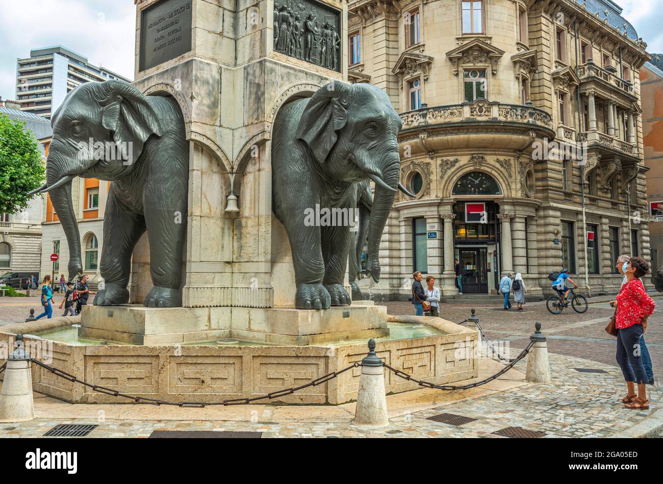 Fountain of the Elephants, memorial fountain from 1838, in the square of the Elephants in Chambery. Chambery, Auvergne-Rhône-Alpes region, France Stock Photo