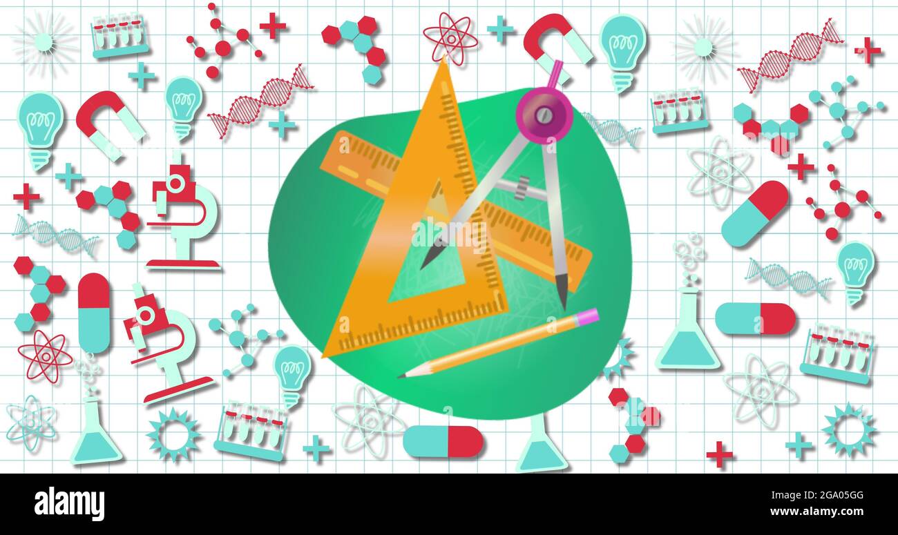 Geometrical instruments icon against science concept icons on white ...