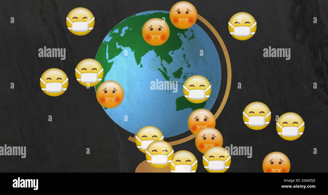 Multiple face emojis moving over spinning globe against black