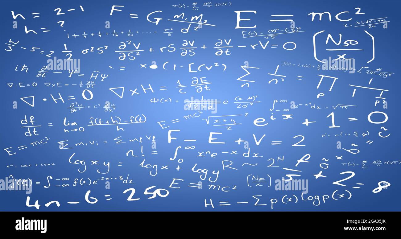 School girl, backpack and paper icons against mathematical equations on blue background Stock Photo