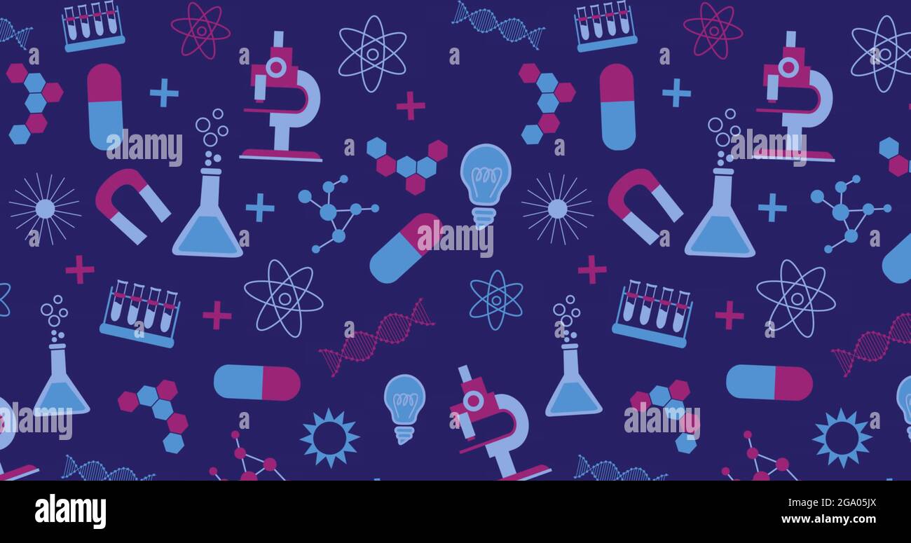 Multiple science concept icons moving against blue background Stock ...