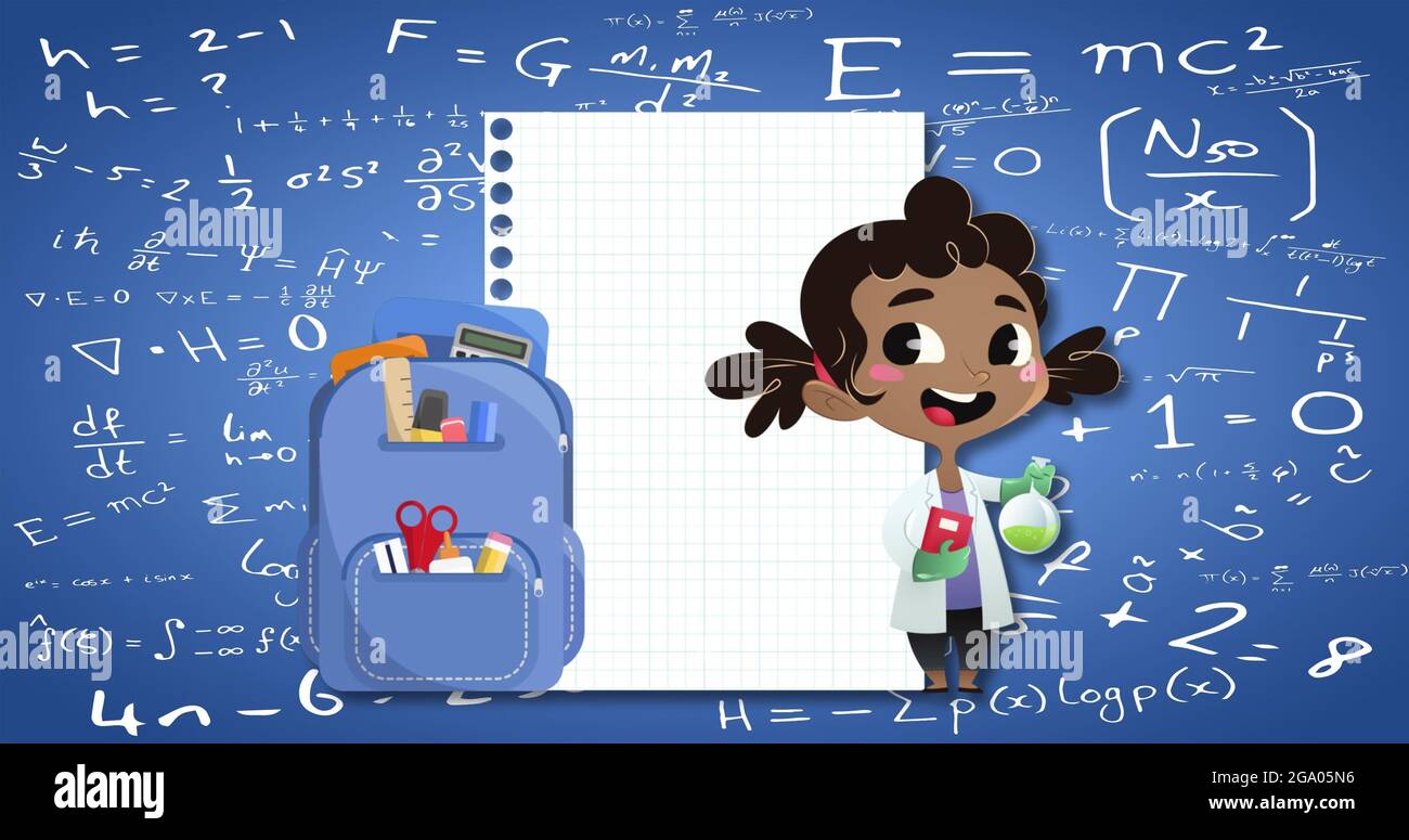 School girl, backpack and paper icons against mathematical equations on blue background Stock Photo