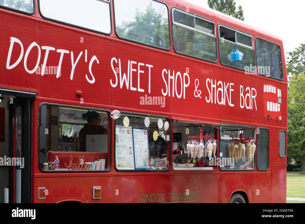 Close up of Dotty’s Sweet Shop and Shake Bar inside a red double decker ...