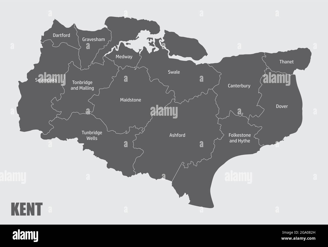 Kent county map divided in districts with labels, England Stock Vector