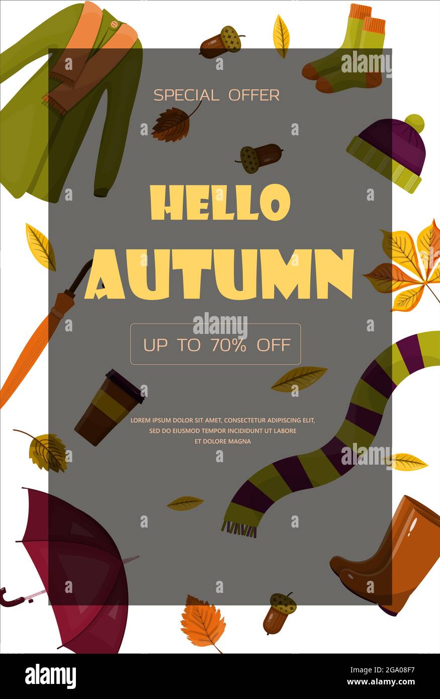 Bright vector autumn sales banner.Hello autumn.Advertising, shopping discount promotion.Flat design illustration.Template backgrounds with pupmkin pie Stock Vector