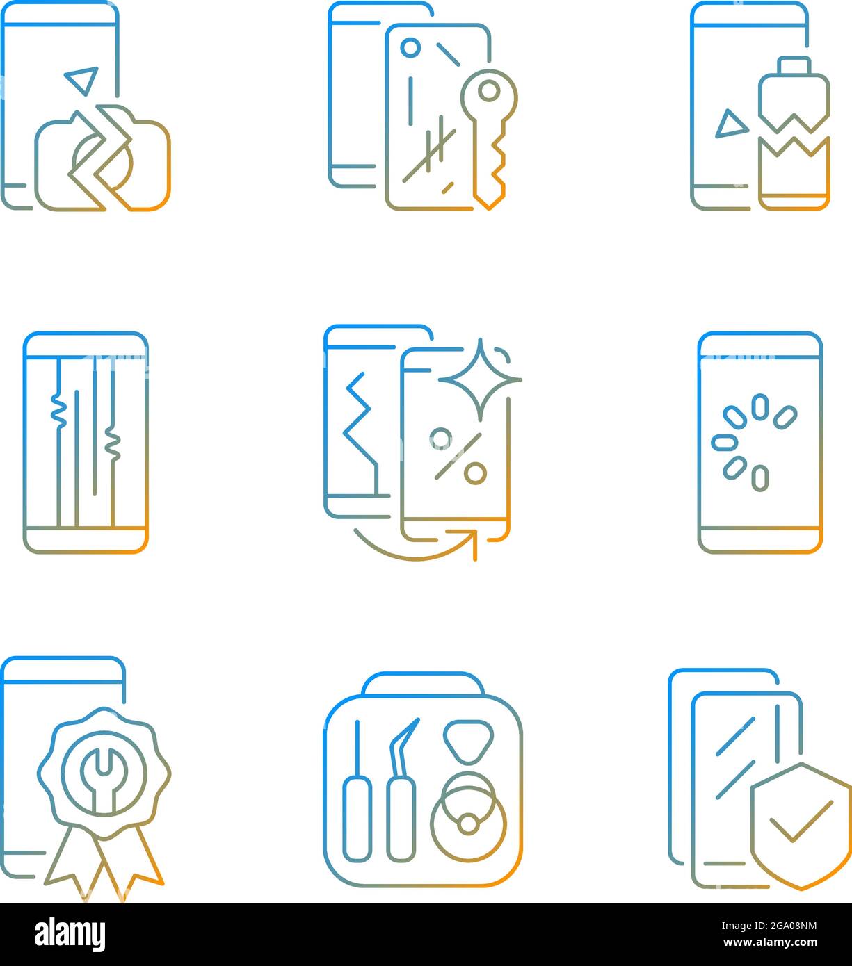 Phone repair gradient linear vector icons set Stock Vector