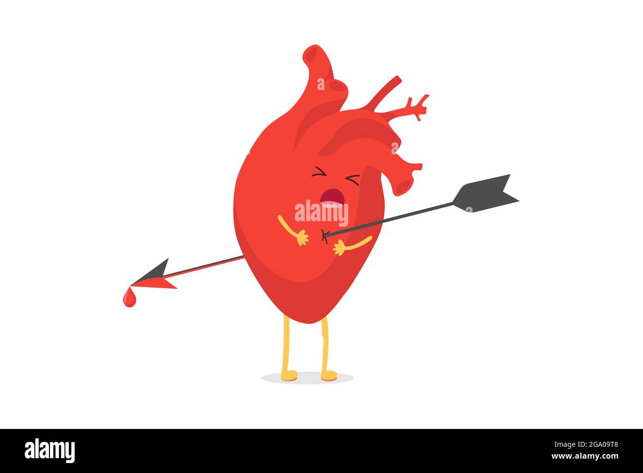 Cute cartoon heart character pierced being shot by arrow emoji sad emotion. Vector circulatory organ mascot in pain and suffering symbolizes broken love and breakup. Isolated eps illustration Stock Vector